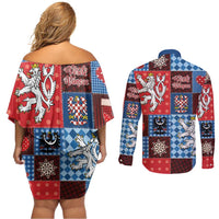 Czech Christmas Patchwork Couples Matching Off Shoulder Short Dress and Long Sleeve Button Shirt - Wonder Print Shop