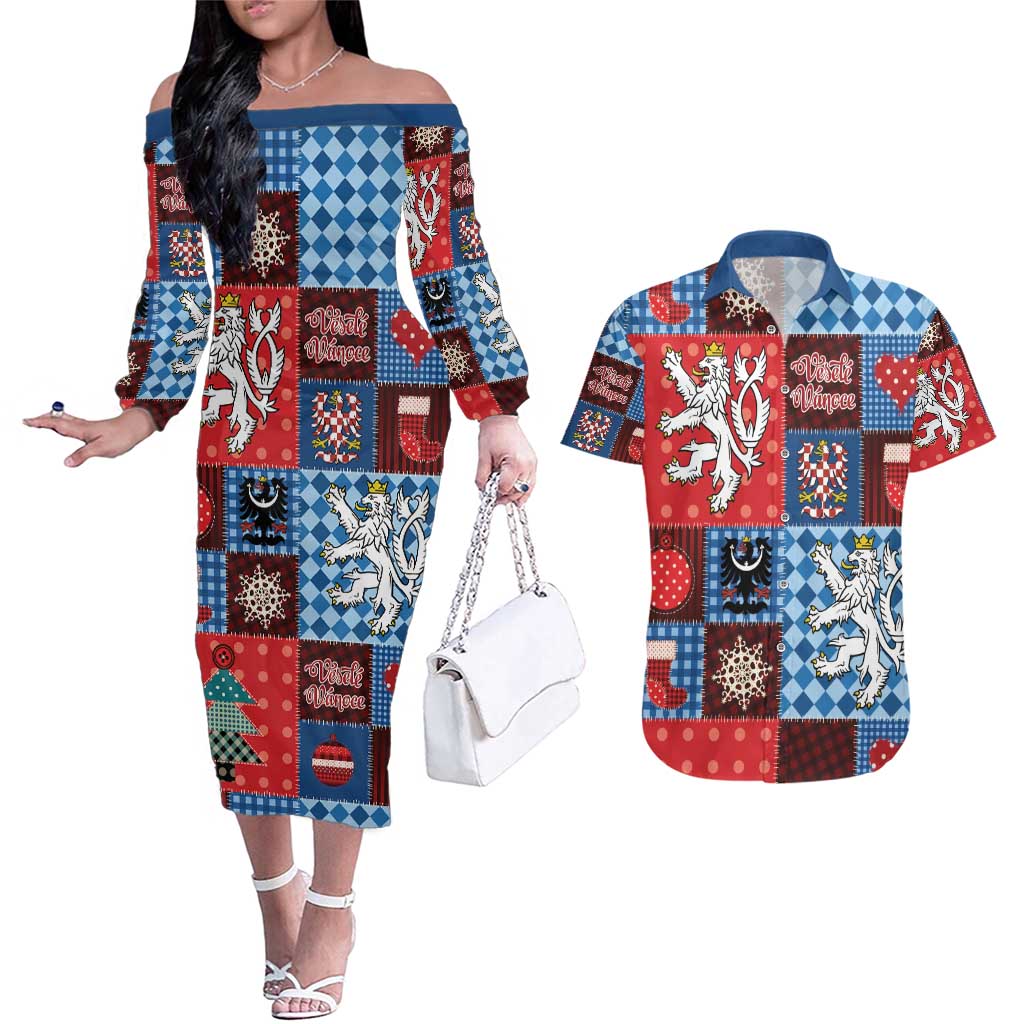 Czech Christmas Patchwork Couples Matching Off The Shoulder Long Sleeve Dress and Hawaiian Shirt - Wonder Print Shop