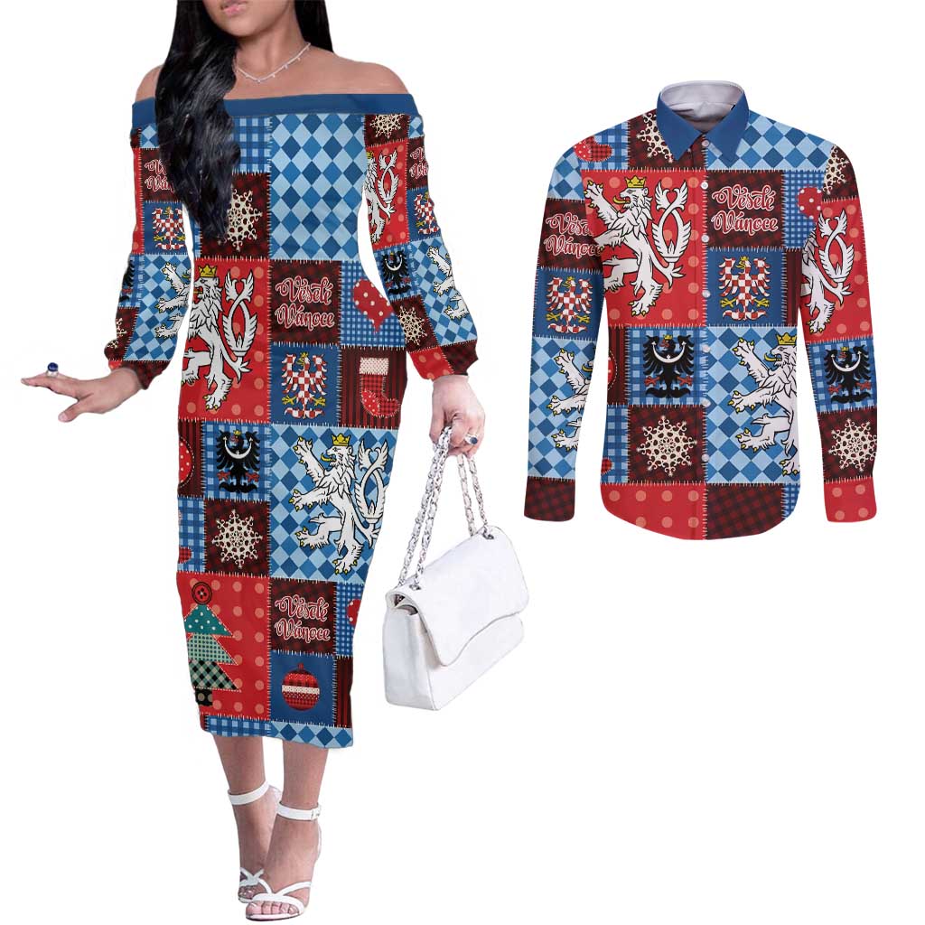 Czech Christmas Patchwork Couples Matching Off The Shoulder Long Sleeve Dress and Long Sleeve Button Shirt - Wonder Print Shop