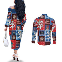 Czech Christmas Patchwork Couples Matching Off The Shoulder Long Sleeve Dress and Long Sleeve Button Shirt - Wonder Print Shop