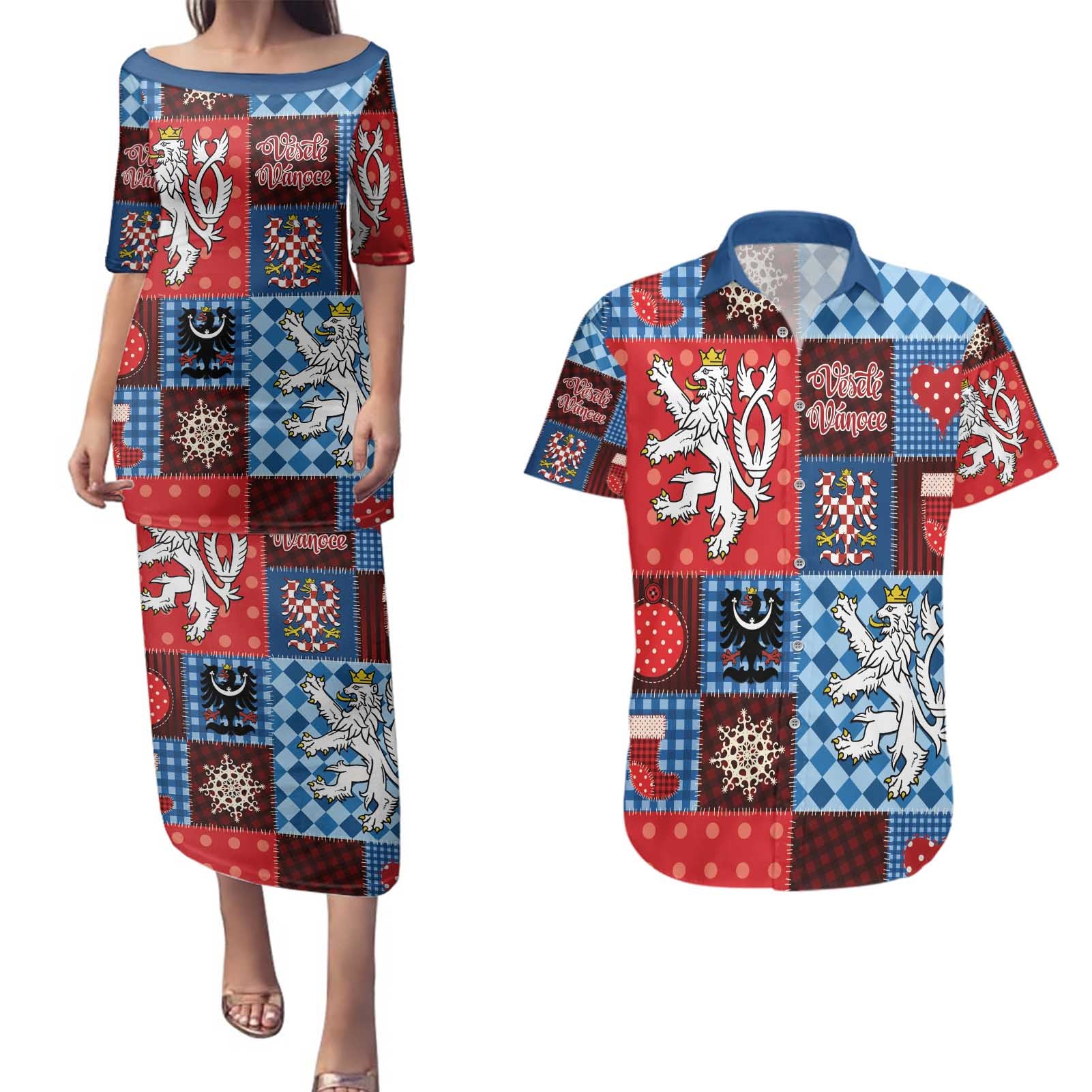Czech Christmas Patchwork Couples Matching Puletasi and Hawaiian Shirt - Wonder Print Shop