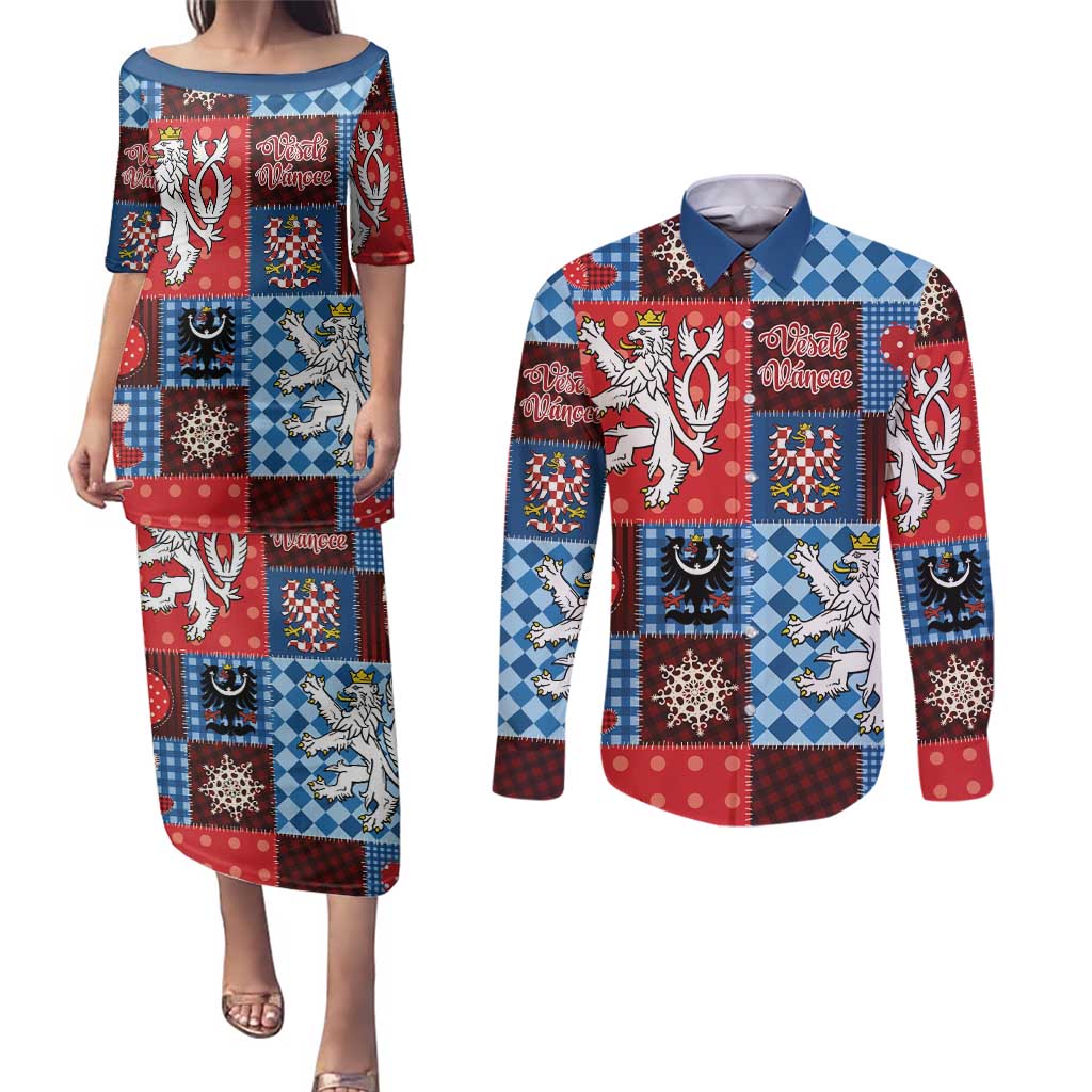 Czech Christmas Patchwork Couples Matching Puletasi and Long Sleeve Button Shirt - Wonder Print Shop