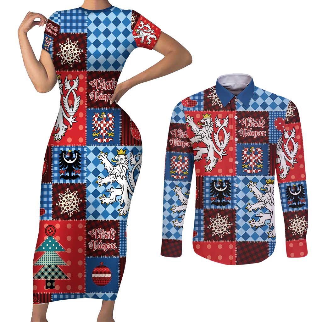 Czech Christmas Patchwork Couples Matching Short Sleeve Bodycon Dress and Long Sleeve Button Shirt - Wonder Print Shop