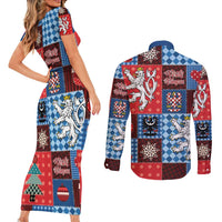 Czech Christmas Patchwork Couples Matching Short Sleeve Bodycon Dress and Long Sleeve Button Shirt - Wonder Print Shop
