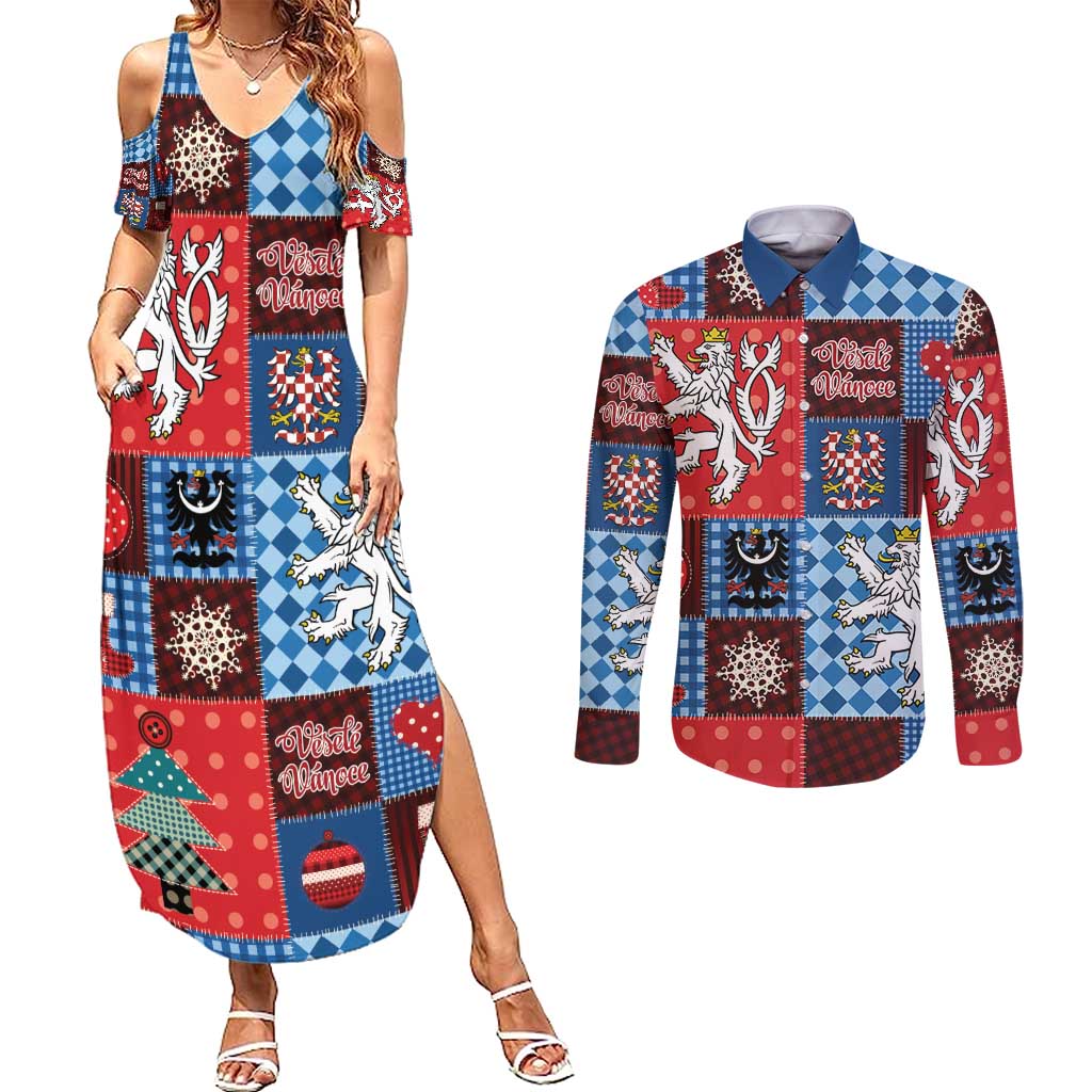 Czech Christmas Patchwork Couples Matching Summer Maxi Dress and Long Sleeve Button Shirt - Wonder Print Shop
