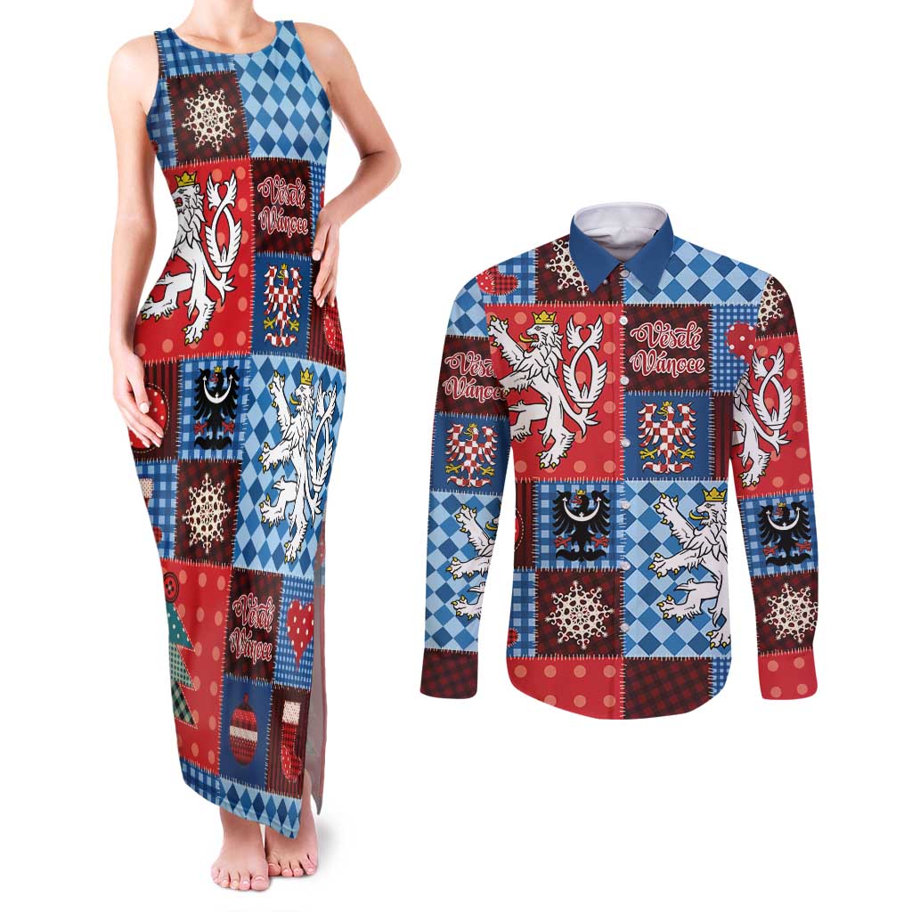 Czech Christmas Patchwork Couples Matching Tank Maxi Dress and Long Sleeve Button Shirt - Wonder Print Shop