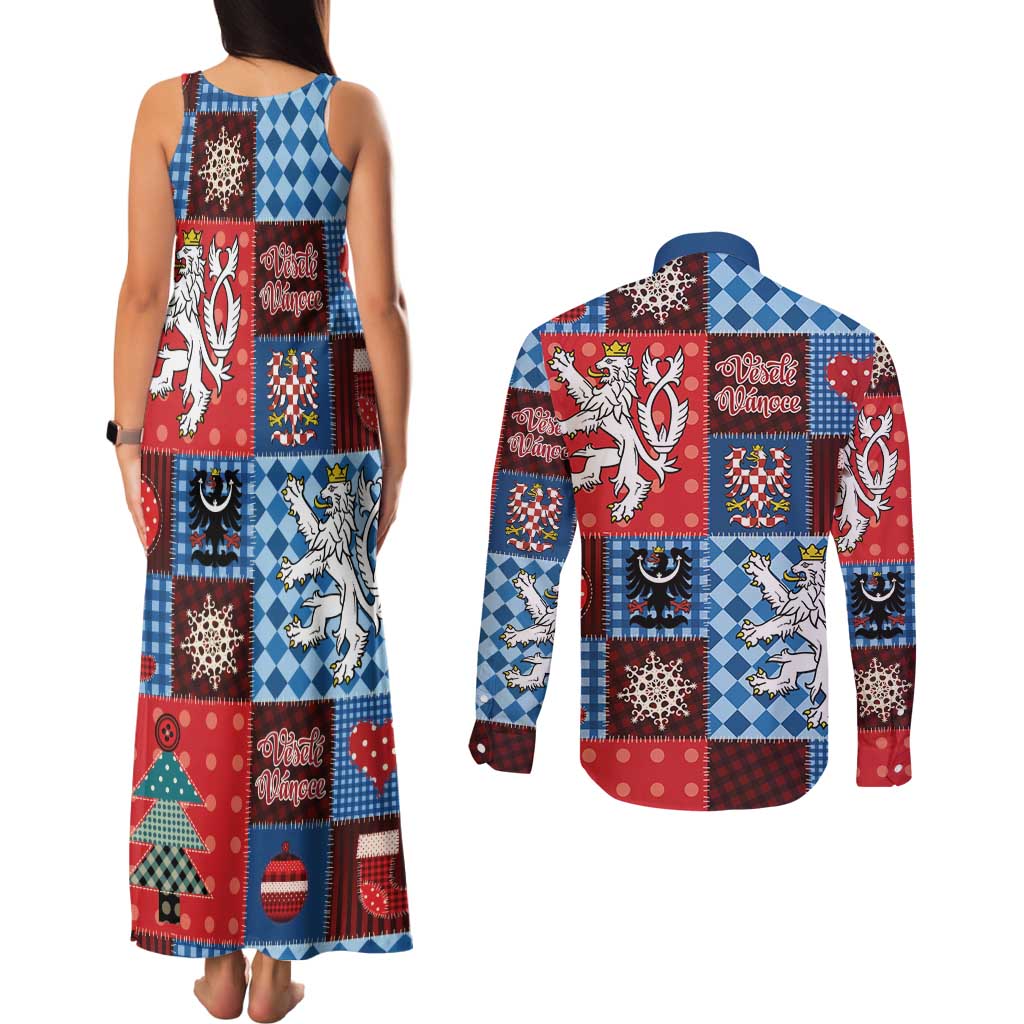 Czech Christmas Patchwork Couples Matching Tank Maxi Dress and Long Sleeve Button Shirt - Wonder Print Shop