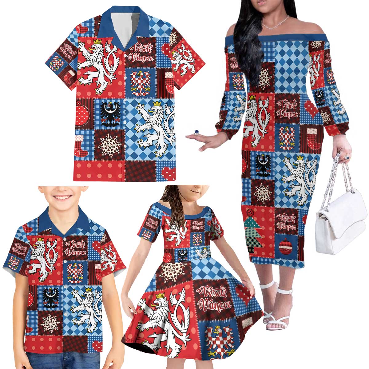 Czech Christmas Patchwork Family Matching Off The Shoulder Long Sleeve Dress and Hawaiian Shirt - Wonder Print Shop
