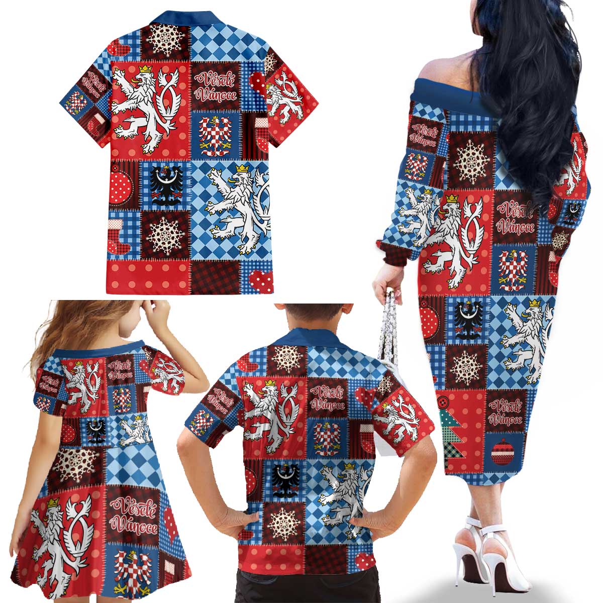 Czech Christmas Patchwork Family Matching Off The Shoulder Long Sleeve Dress and Hawaiian Shirt - Wonder Print Shop