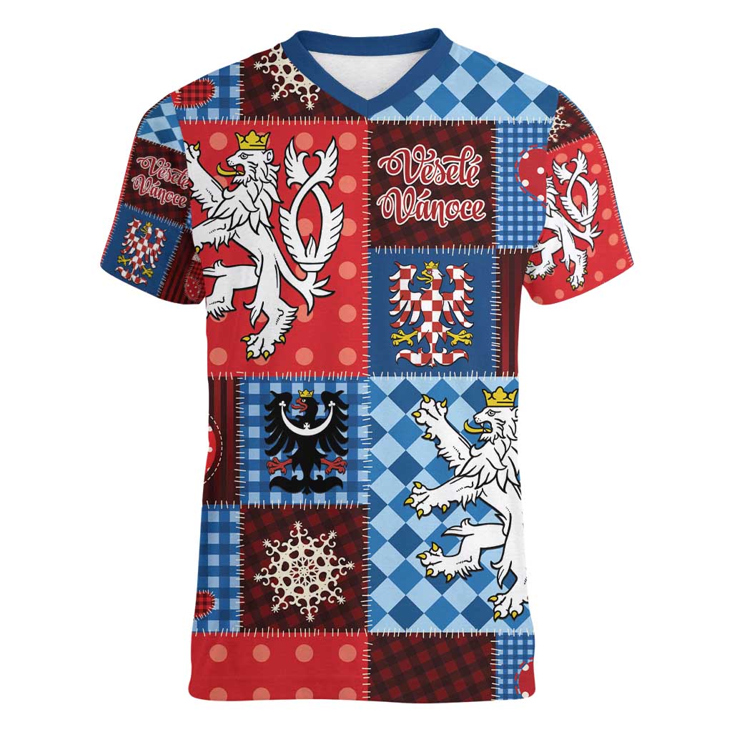 Czech Christmas Patchwork Women V-Neck T-Shirt - Wonder Print Shop