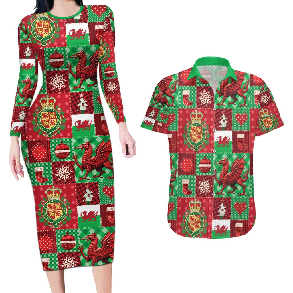 Wales Christmas Patchwork Couples Matching Long Sleeve Bodycon Dress and Hawaiian Shirt - Wonder Print Shop