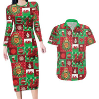 Wales Christmas Patchwork Couples Matching Long Sleeve Bodycon Dress and Hawaiian Shirt - Wonder Print Shop