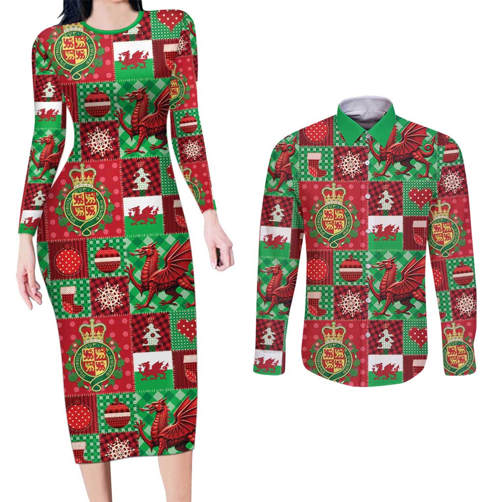 Wales Christmas Patchwork Couples Matching Long Sleeve Bodycon Dress and Long Sleeve Button Shirt - Wonder Print Shop
