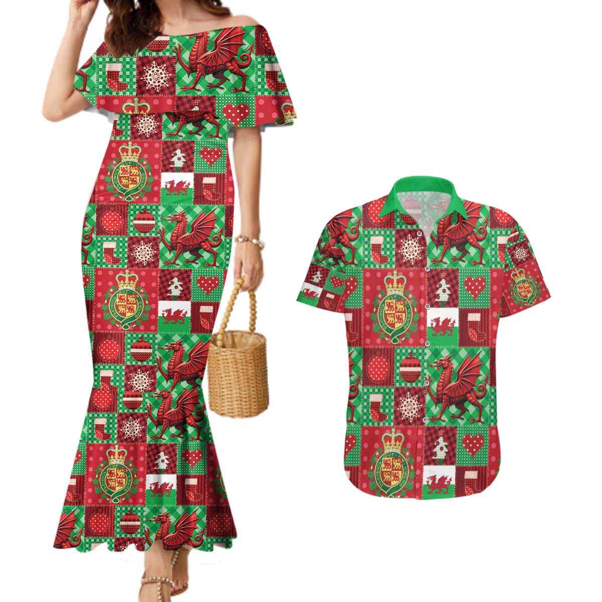 Wales Christmas Patchwork Couples Matching Mermaid Dress and Hawaiian Shirt - Wonder Print Shop