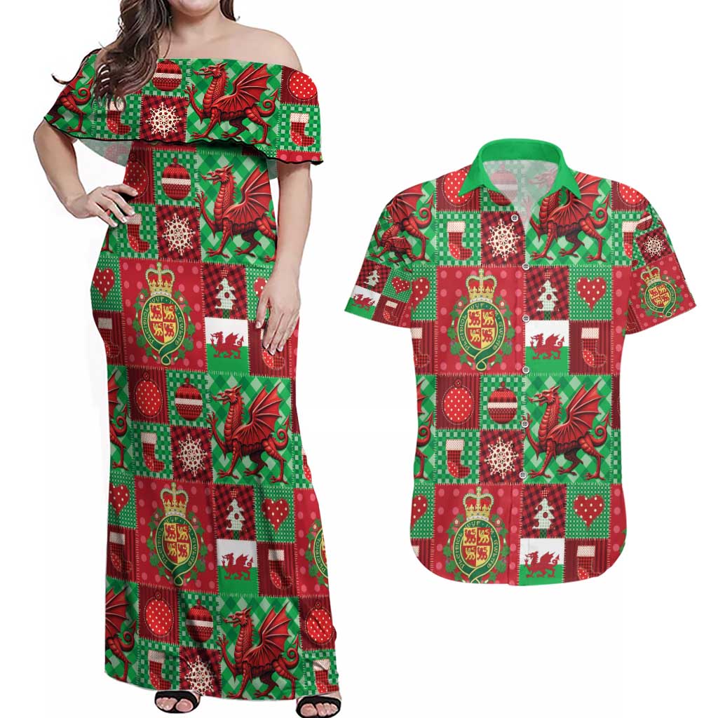 Wales Christmas Patchwork Couples Matching Off Shoulder Maxi Dress and Hawaiian Shirt - Wonder Print Shop
