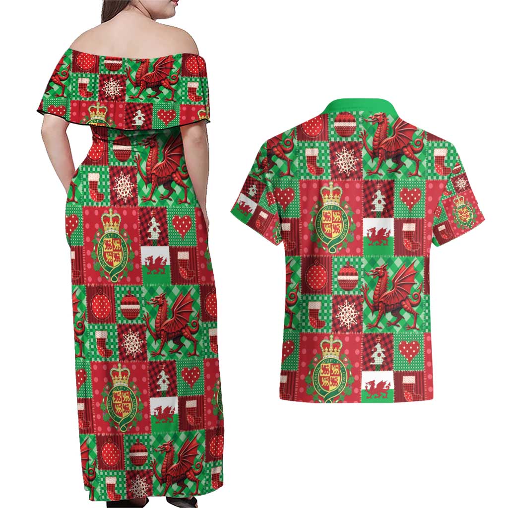 Wales Christmas Patchwork Couples Matching Off Shoulder Maxi Dress and Hawaiian Shirt - Wonder Print Shop