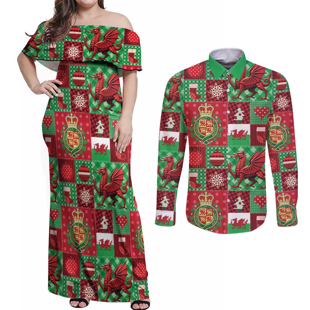 Wales Christmas Patchwork Couples Matching Off Shoulder Maxi Dress and Long Sleeve Button Shirt - Wonder Print Shop