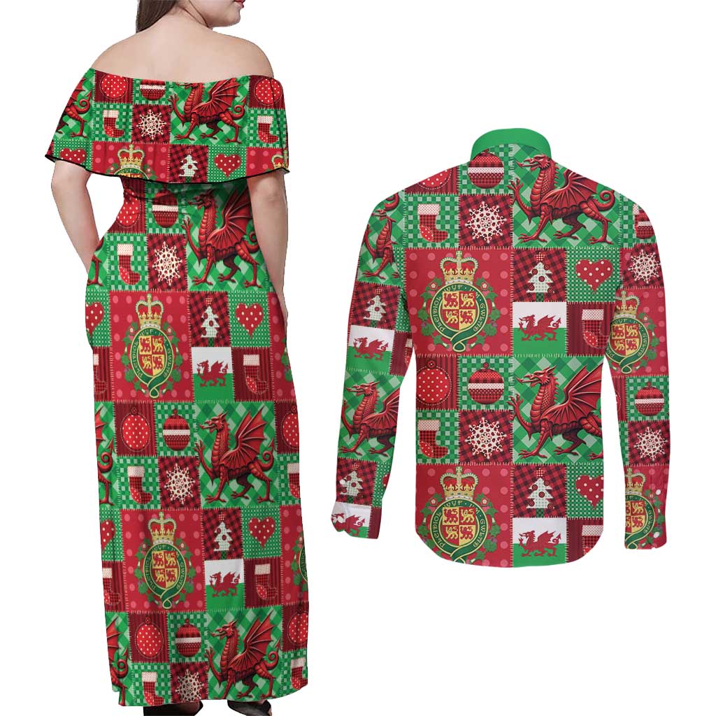 Wales Christmas Patchwork Couples Matching Off Shoulder Maxi Dress and Long Sleeve Button Shirt - Wonder Print Shop