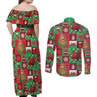 Wales Christmas Patchwork Couples Matching Off Shoulder Maxi Dress and Long Sleeve Button Shirt - Wonder Print Shop