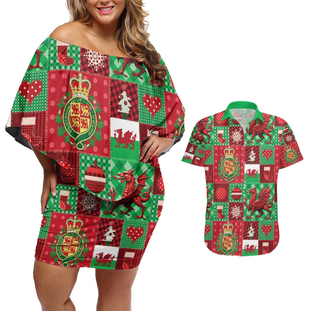 Wales Christmas Patchwork Couples Matching Off Shoulder Short Dress and Hawaiian Shirt - Wonder Print Shop