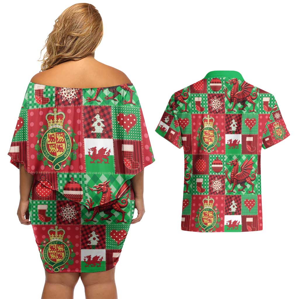 Wales Christmas Patchwork Couples Matching Off Shoulder Short Dress and Hawaiian Shirt - Wonder Print Shop