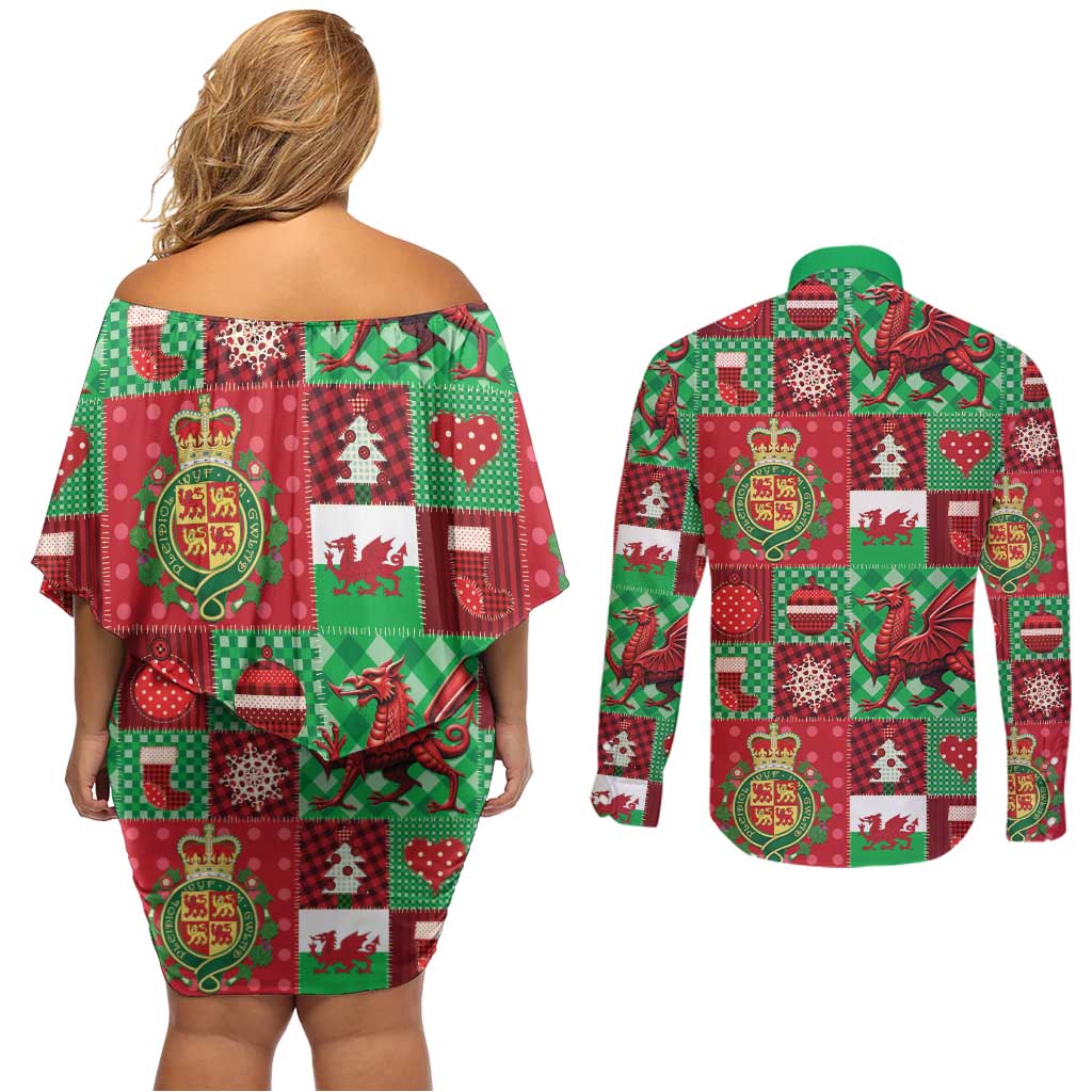 Wales Christmas Patchwork Couples Matching Off Shoulder Short Dress and Long Sleeve Button Shirt - Wonder Print Shop