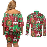 Wales Christmas Patchwork Couples Matching Off Shoulder Short Dress and Long Sleeve Button Shirt - Wonder Print Shop