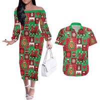 Wales Christmas Patchwork Couples Matching Off The Shoulder Long Sleeve Dress and Hawaiian Shirt - Wonder Print Shop