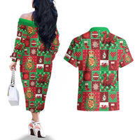 Wales Christmas Patchwork Couples Matching Off The Shoulder Long Sleeve Dress and Hawaiian Shirt - Wonder Print Shop