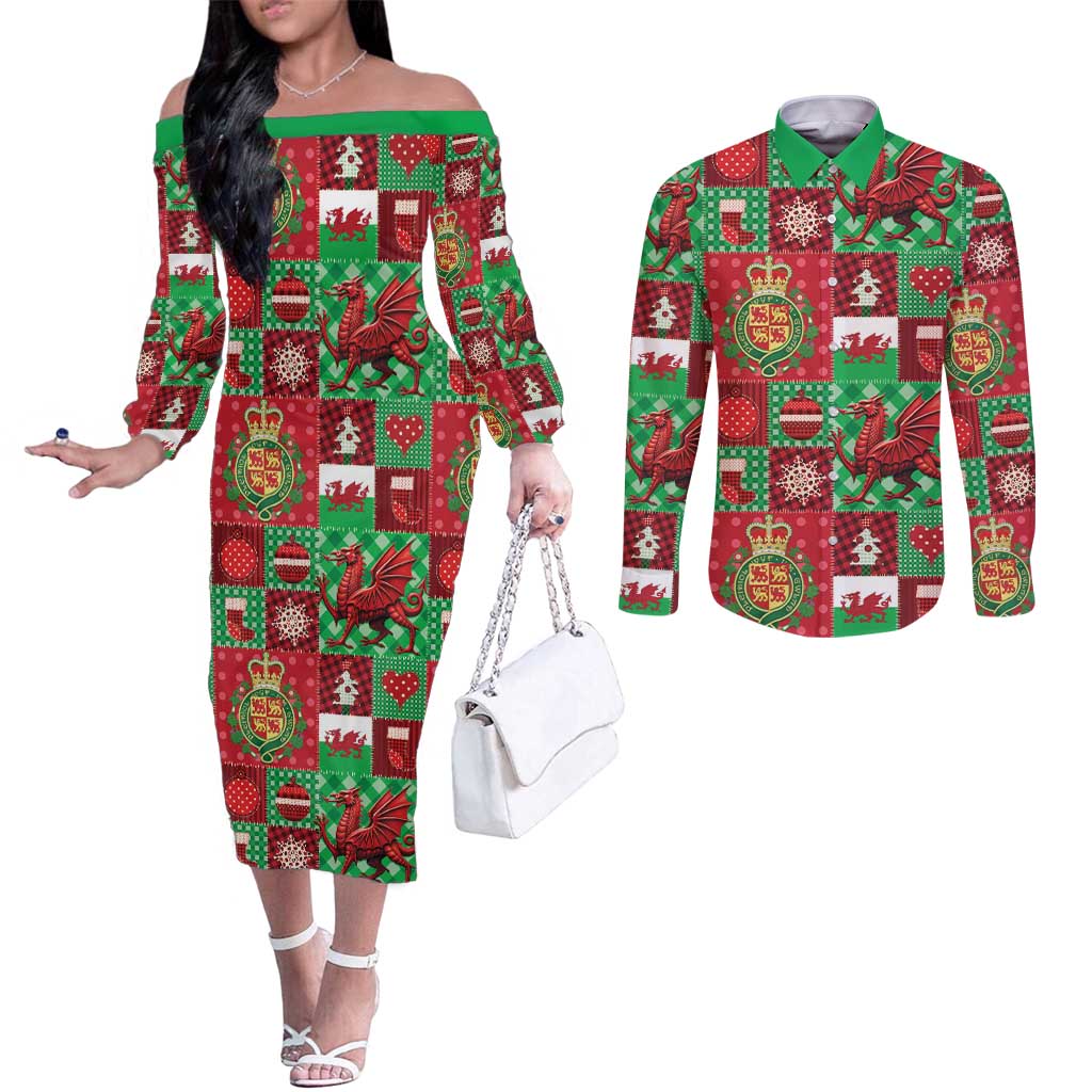 Wales Christmas Patchwork Couples Matching Off The Shoulder Long Sleeve Dress and Long Sleeve Button Shirt - Wonder Print Shop