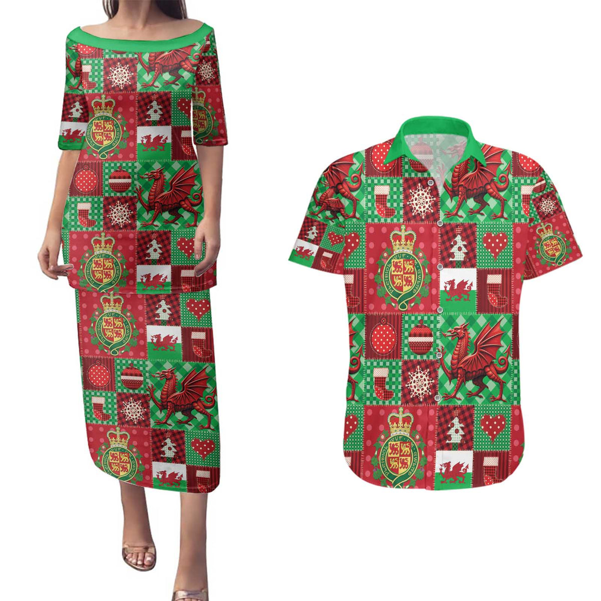 Wales Christmas Patchwork Couples Matching Puletasi and Hawaiian Shirt - Wonder Print Shop