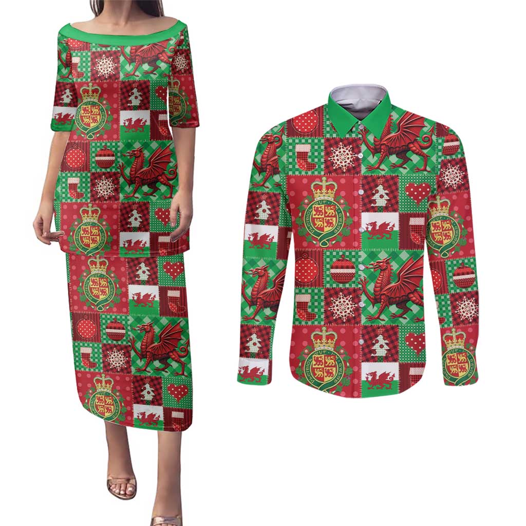 Wales Christmas Patchwork Couples Matching Puletasi and Long Sleeve Button Shirt - Wonder Print Shop