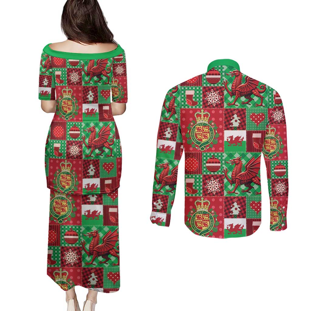 Wales Christmas Patchwork Couples Matching Puletasi and Long Sleeve Button Shirt - Wonder Print Shop