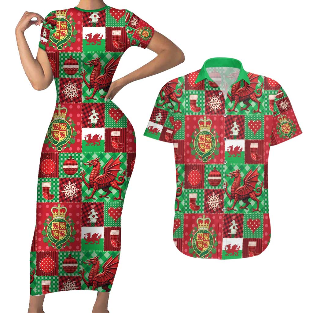 Wales Christmas Patchwork Couples Matching Short Sleeve Bodycon Dress and Hawaiian Shirt - Wonder Print Shop