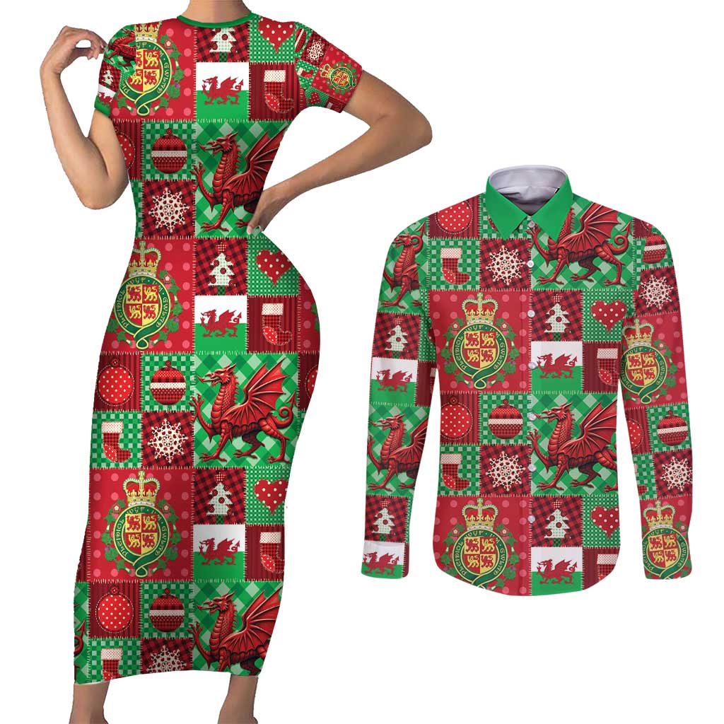 Wales Christmas Patchwork Couples Matching Short Sleeve Bodycon Dress and Long Sleeve Button Shirt - Wonder Print Shop