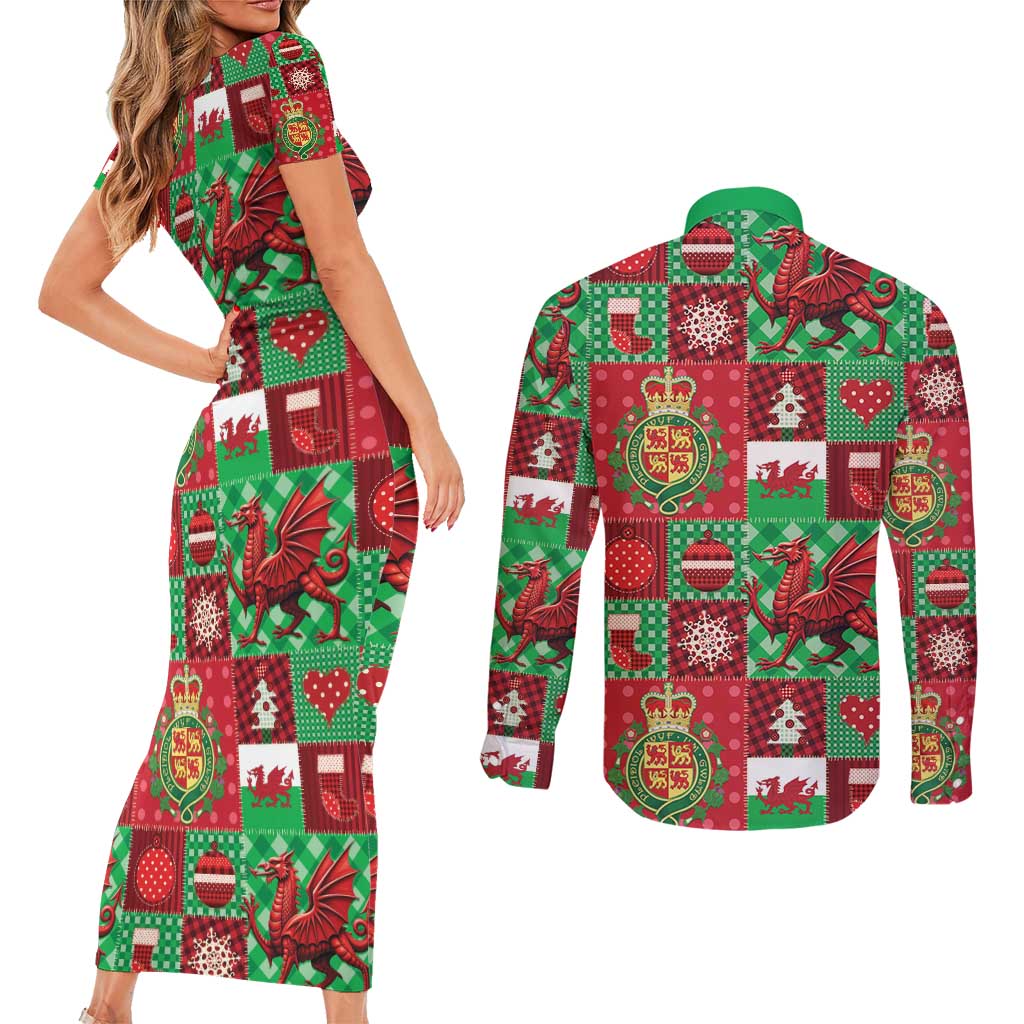 Wales Christmas Patchwork Couples Matching Short Sleeve Bodycon Dress and Long Sleeve Button Shirt - Wonder Print Shop
