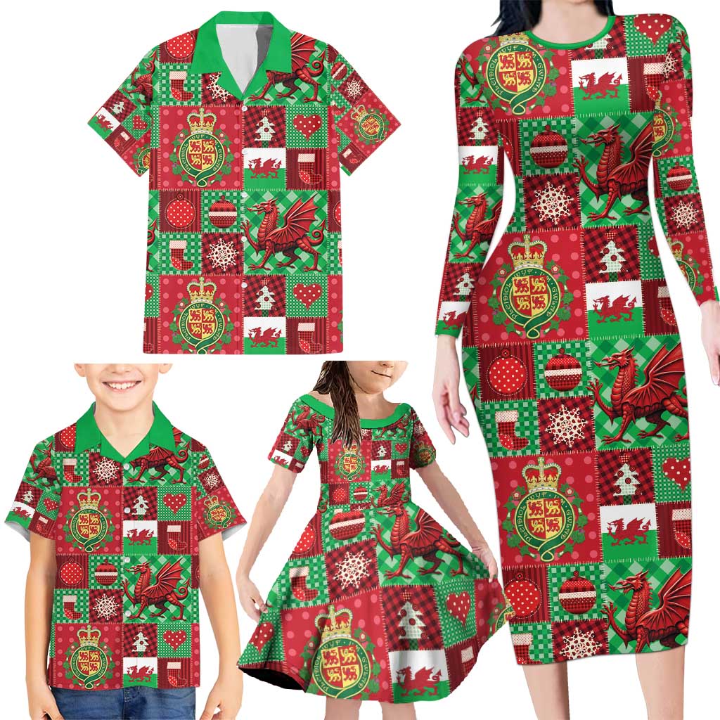 Wales Christmas Patchwork Family Matching Long Sleeve Bodycon Dress and Hawaiian Shirt - Wonder Print Shop
