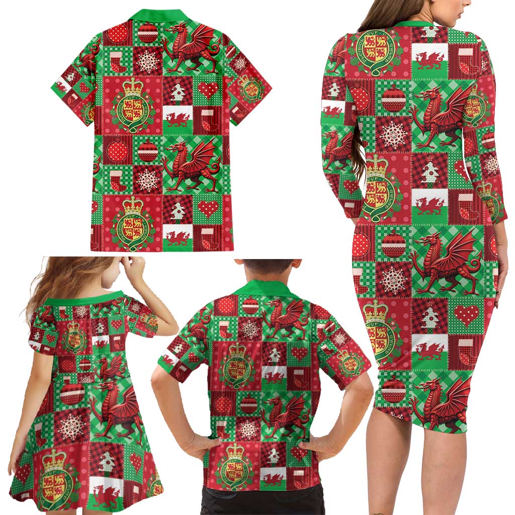 Wales Christmas Patchwork Family Matching Long Sleeve Bodycon Dress and Hawaiian Shirt - Wonder Print Shop