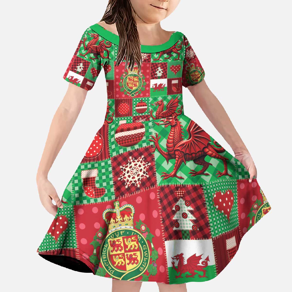 Wales Christmas Patchwork Family Matching Off The Shoulder Long Sleeve Dress and Hawaiian Shirt - Wonder Print Shop