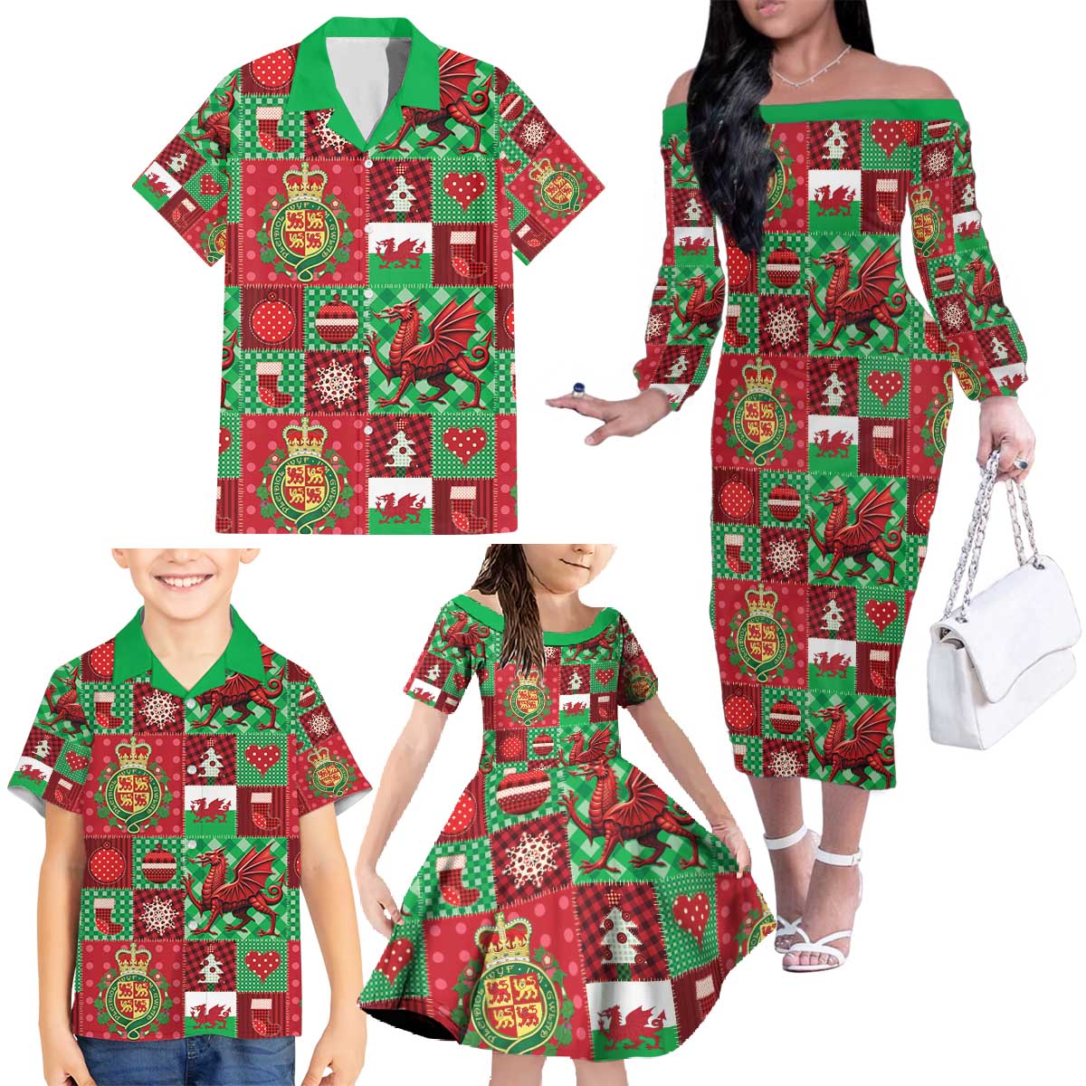Wales Christmas Patchwork Family Matching Off The Shoulder Long Sleeve Dress and Hawaiian Shirt - Wonder Print Shop