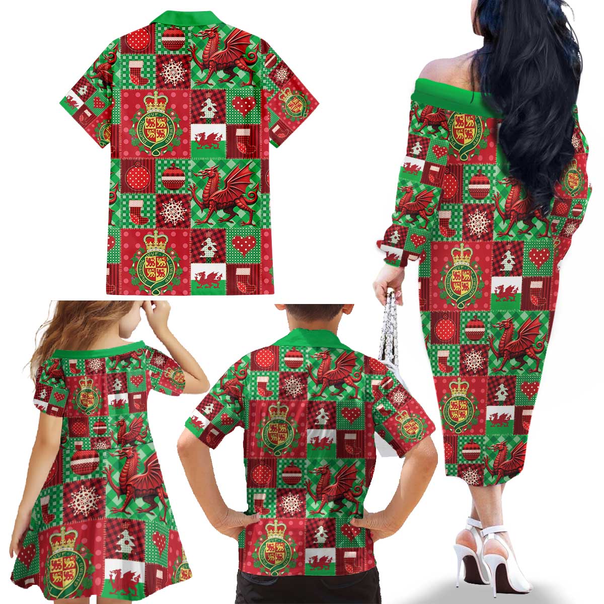 Wales Christmas Patchwork Family Matching Off The Shoulder Long Sleeve Dress and Hawaiian Shirt - Wonder Print Shop