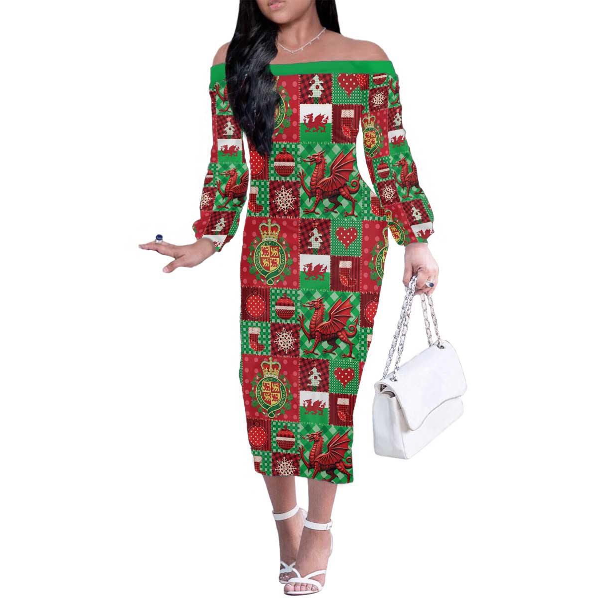 Wales Christmas Patchwork Family Matching Off The Shoulder Long Sleeve Dress and Hawaiian Shirt - Wonder Print Shop