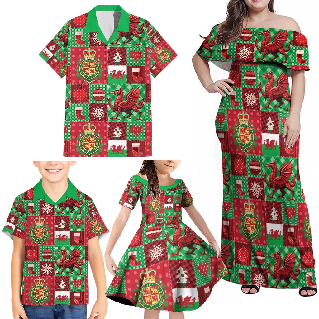 Wales Christmas Patchwork Family Matching Off Shoulder Maxi Dress and Hawaiian Shirt - Wonder Print Shop