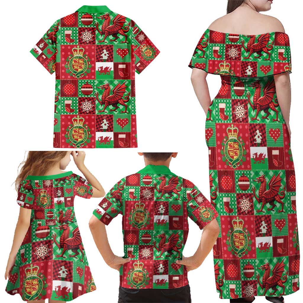 Wales Christmas Patchwork Family Matching Off Shoulder Maxi Dress and Hawaiian Shirt - Wonder Print Shop
