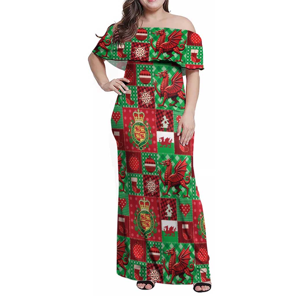 Wales Christmas Patchwork Family Matching Off Shoulder Maxi Dress and Hawaiian Shirt - Wonder Print Shop