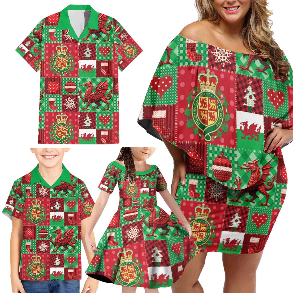 Wales Christmas Patchwork Family Matching Off Shoulder Short Dress and Hawaiian Shirt - Wonder Print Shop