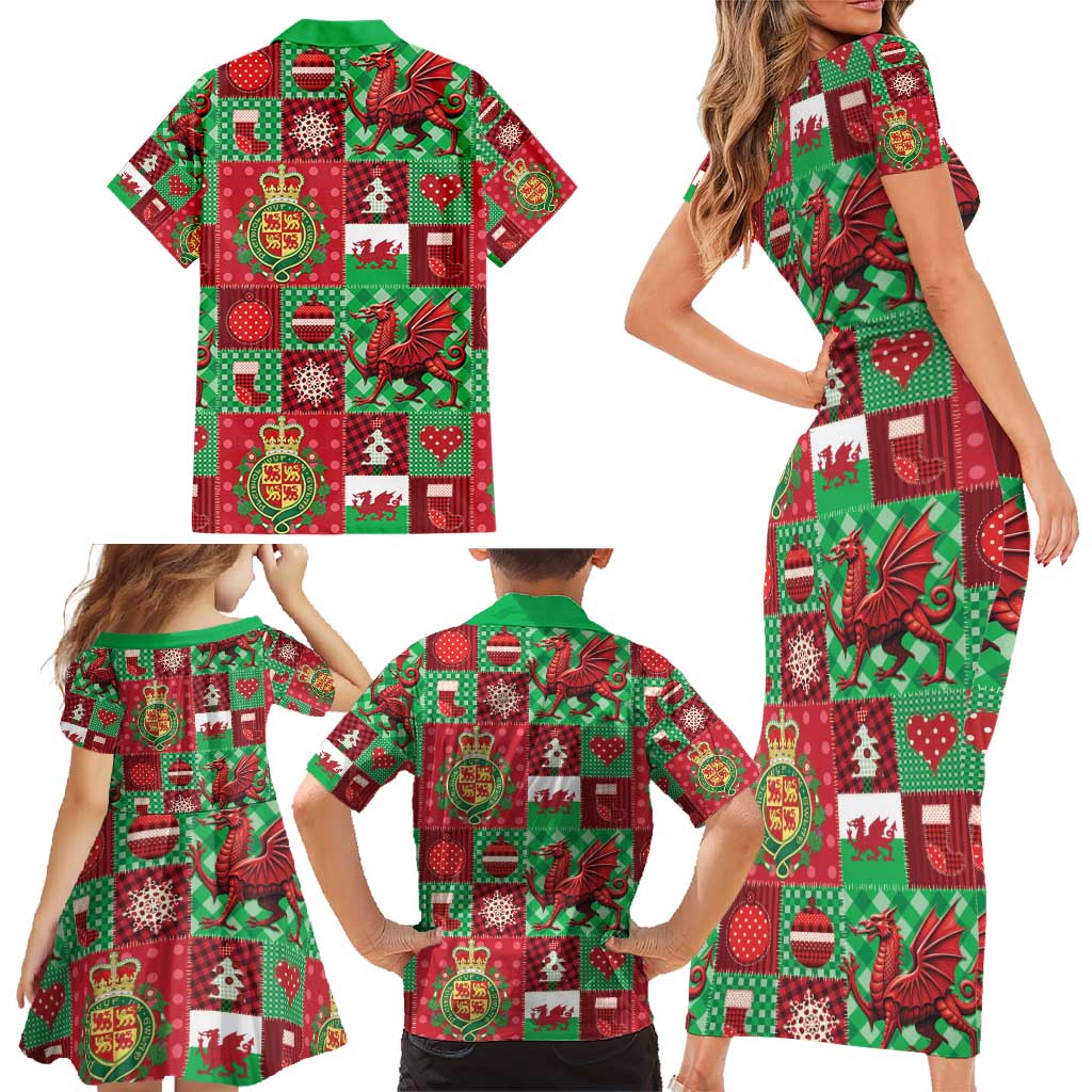 Wales Christmas Patchwork Family Matching Short Sleeve Bodycon Dress and Hawaiian Shirt - Wonder Print Shop