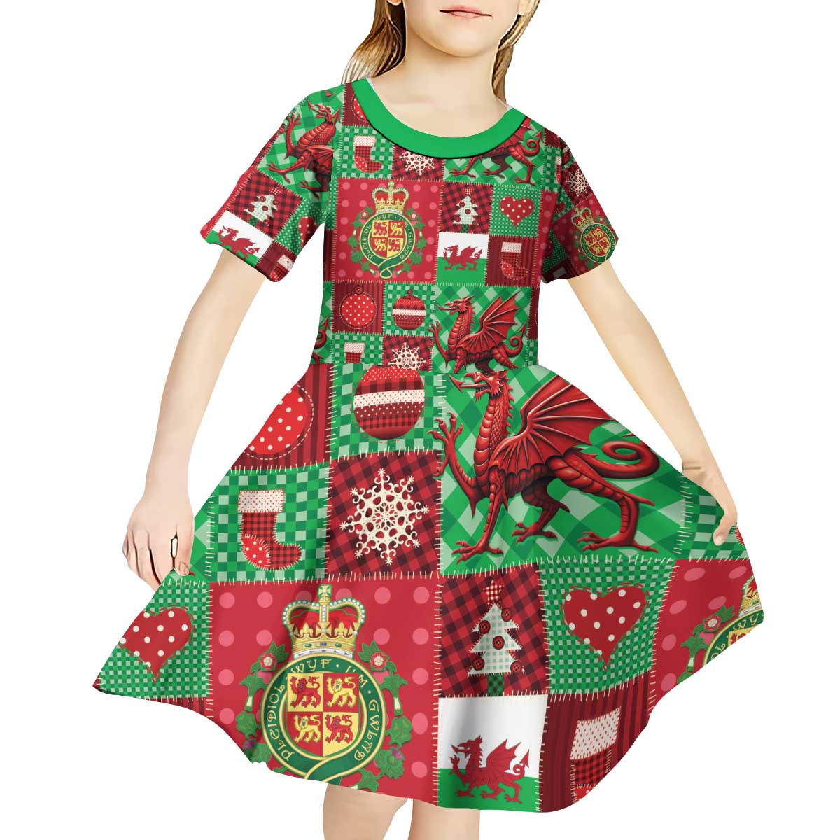 Wales Christmas Patchwork Kid Short Sleeve Dress - Wonder Print Shop