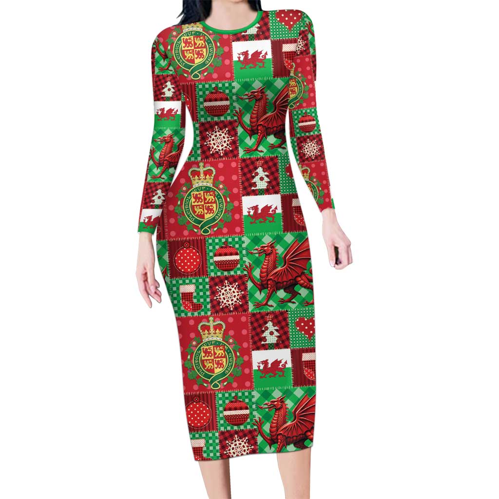 Wales Christmas Patchwork Long Sleeve Bodycon Dress - Wonder Print Shop