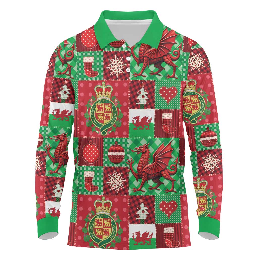 Wales Christmas Patchwork Long Sleeve Polo Shirt - Wonder Print Shop